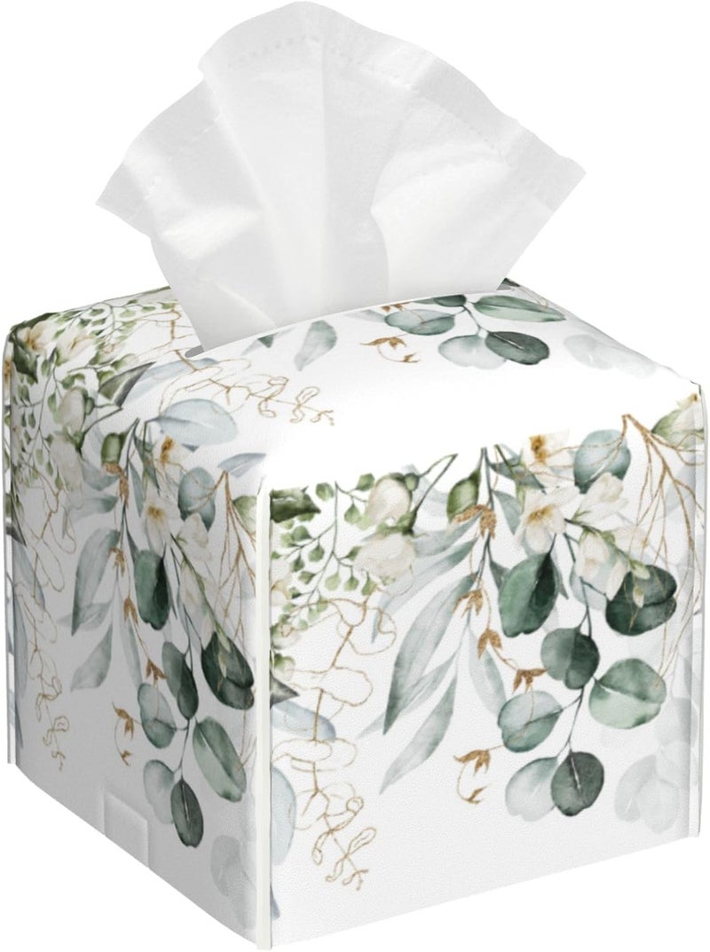 sndheke Eucalyptus Leaves and Flowers Tissue Box Cover Square,Watercolor Green Leaves Branches Tissue Box Holder Waterproof Leather Facial Paper Organizer Dispenser for Bathroom Home Car Nightstand Vanity - Image 1